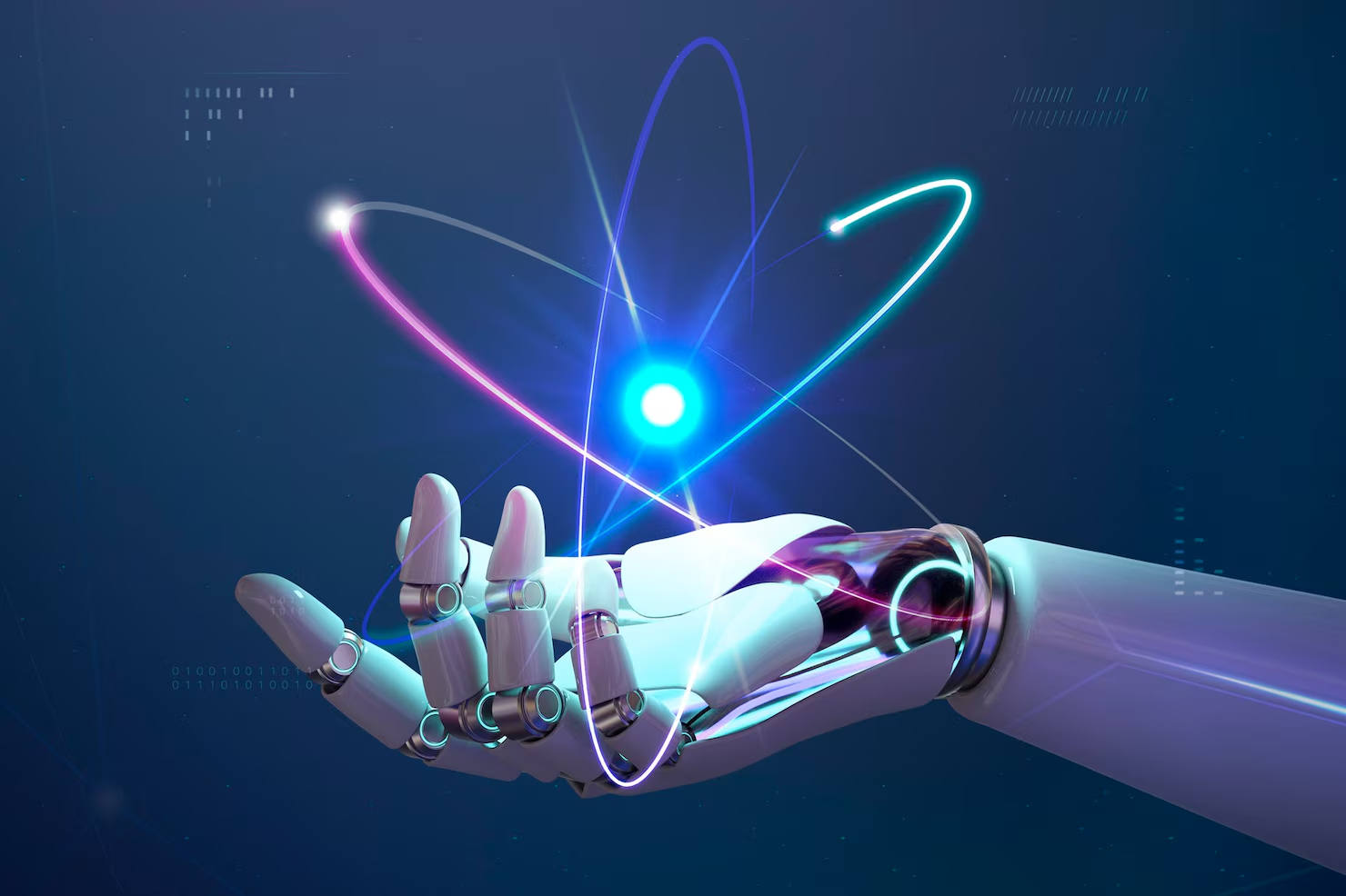 Robotic hand interacting with glowing atom structure